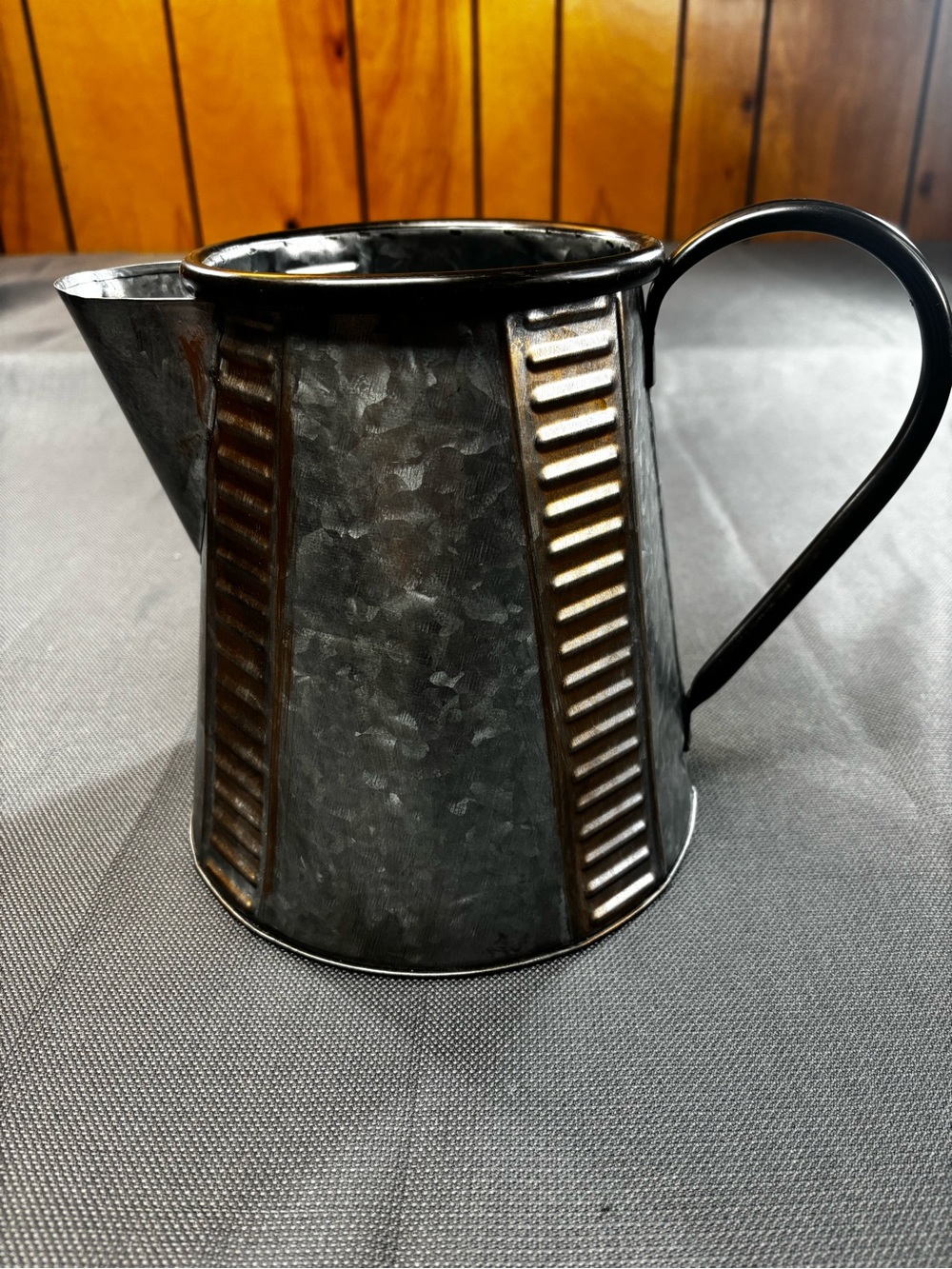 Rustic Galvanized Metal Pitcher with copper colored Ribbed Accents -